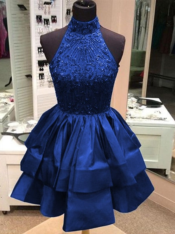 Wholesale A-Line/Princess Sleeveless High Neck Beading Satin Short/Mini Dresses